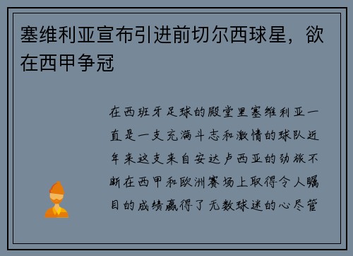 塞维利亚宣布引进前切尔西球星，欲在西甲争冠