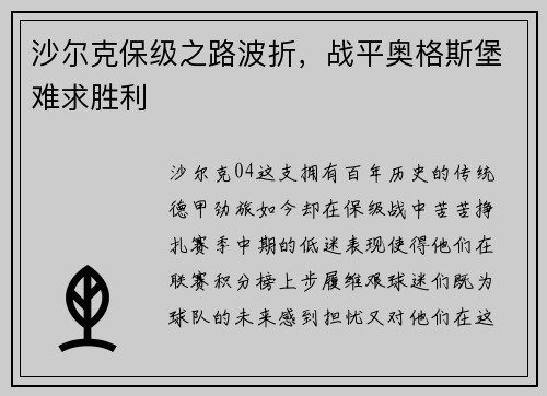 沙尔克保级之路波折，战平奥格斯堡难求胜利