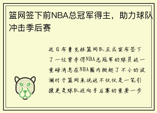 篮网签下前NBA总冠军得主，助力球队冲击季后赛
